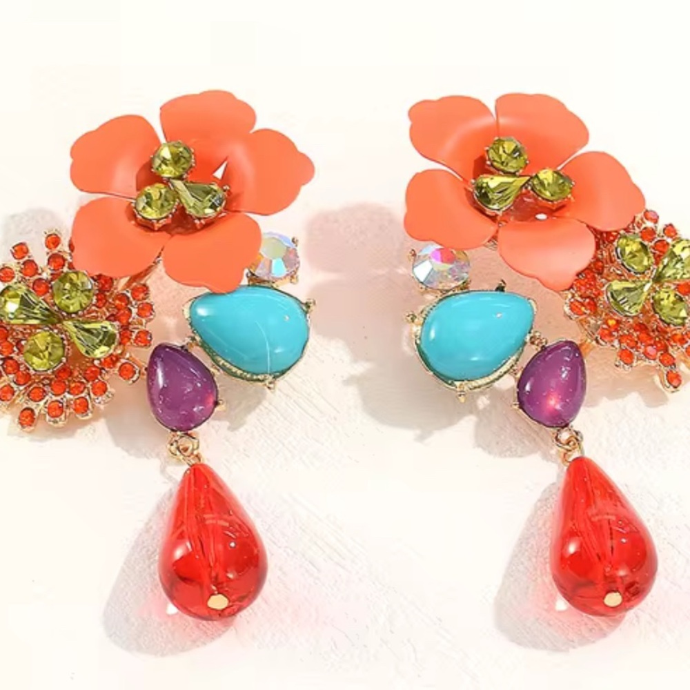 Orange Flower Statement Dangle Earrings - image 5